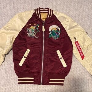 Teen or Mens Burgundy and Cream Embroidered Bomber Jacket